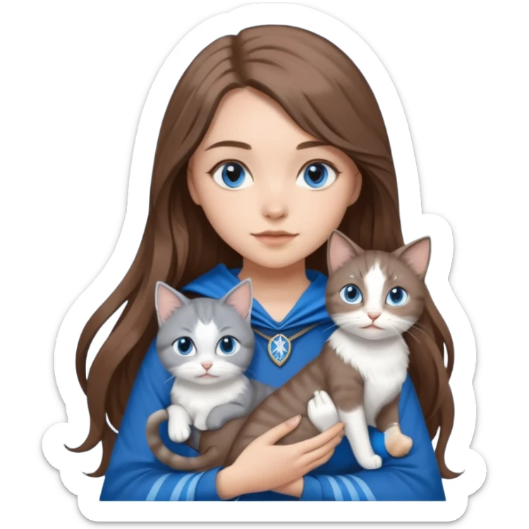 gorgeous Girl with light skin, blue eyes, long brown hair, wears a ravenclaw outfit, with a grey and white cat holding in her arms sticker