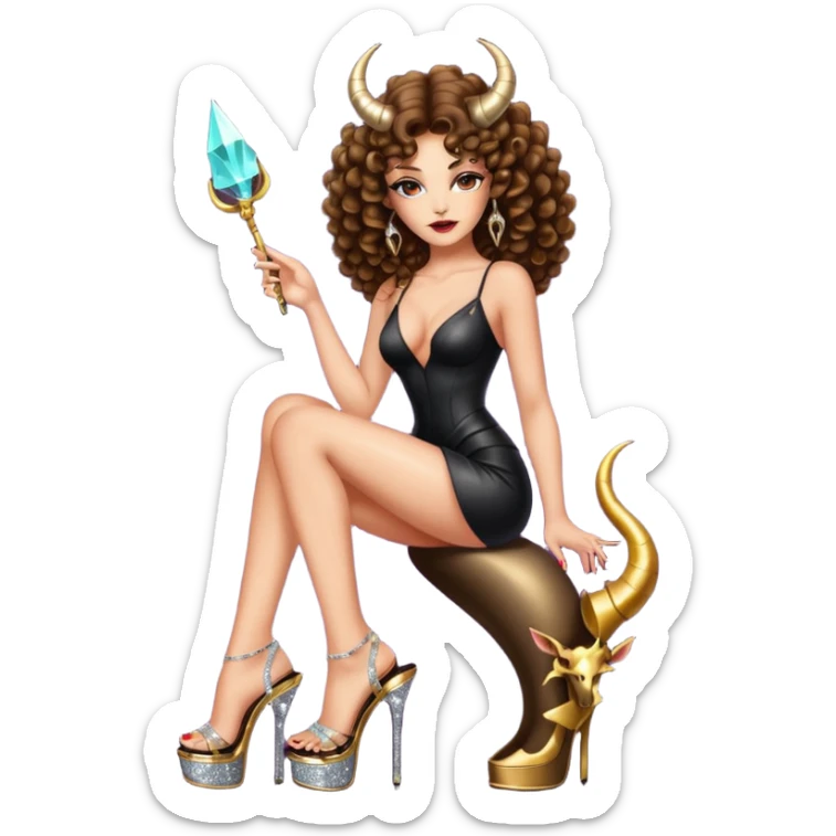 seductress evil brown curly haired sexy drug lord woman with clear glittery platform heels on her feet and horns on her head, holding  sticker