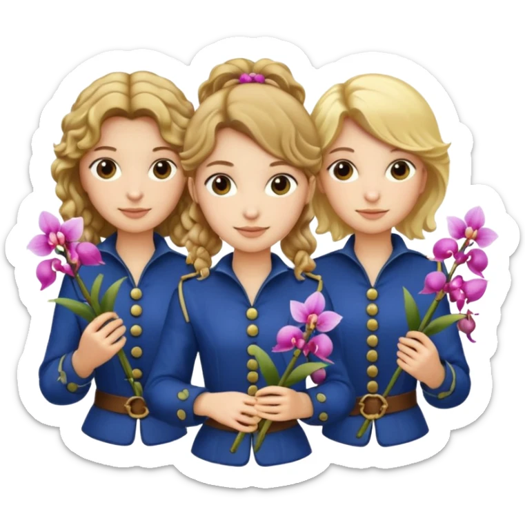 3 female musketeers, one with brown curly hair, one with straight blond hair, one with blond hair in pony tail, all holding orchids sticker