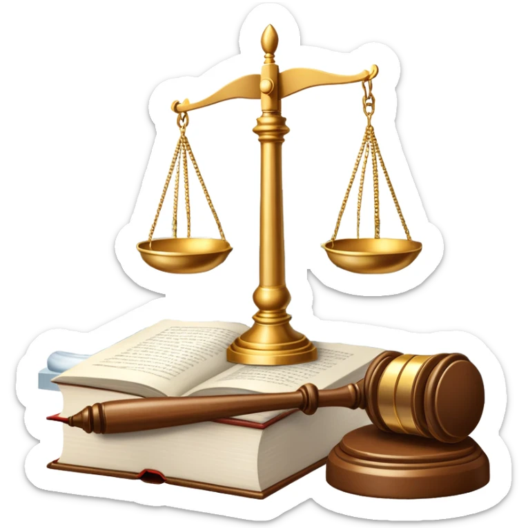 An icon featuring scales of justice, a gavel, and a legal book, symbolizing the study of law. The design includes courthouse pillars in the background, representing authority and legal systems. Transparent background highlights the principles of justice, order, and legal education. sticker