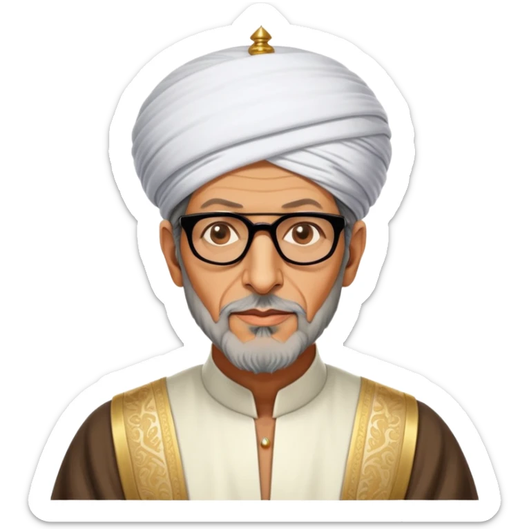 Jeff Goldblum no glasses as a regal portrait dressed as suleiman-the-magnificent,-depicted-as-a-regal-ottoman-sultan-adorned-with-a-large,-white,-round,-tall-turban-and-a-majestic-grey-beard,-his-commanding-gaze-bathed-in-warm,-historic-lighting-that-exudes-timel sticker