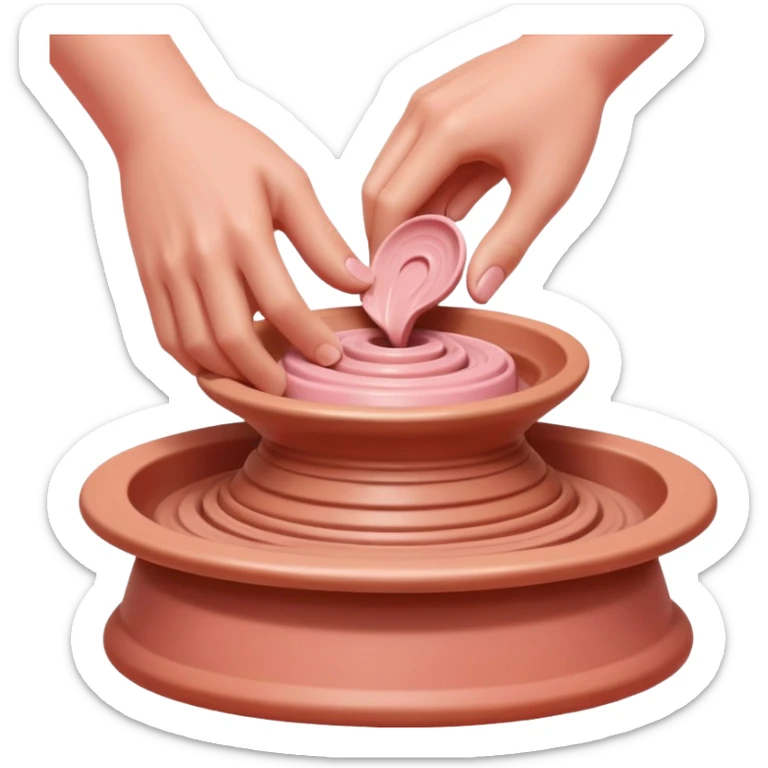 thumbs pressing downward into the center of pink clay to open it on a spinning pottery wheel sticker