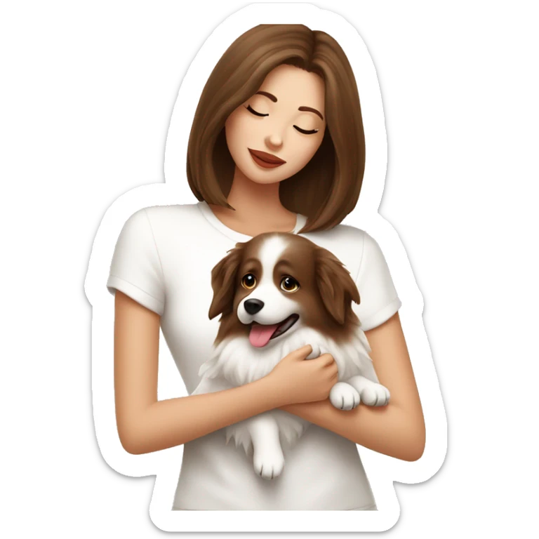 beautiful girl with brown hair kissing her cream white spitz dog sticker