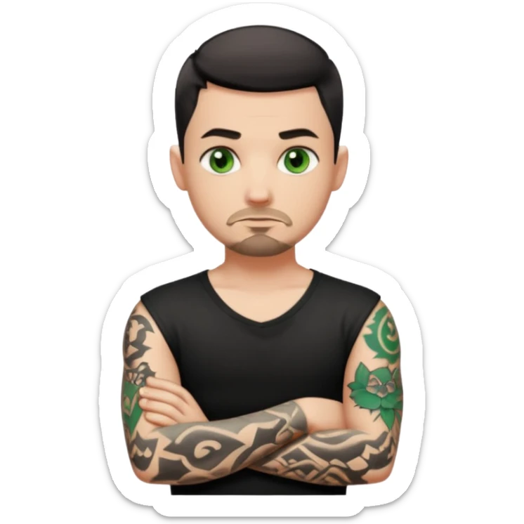 White young man with short black taper fade hair cut and slight goatee and neutral expression with his arms folded. Green eyes and black arm tattoos sticker
