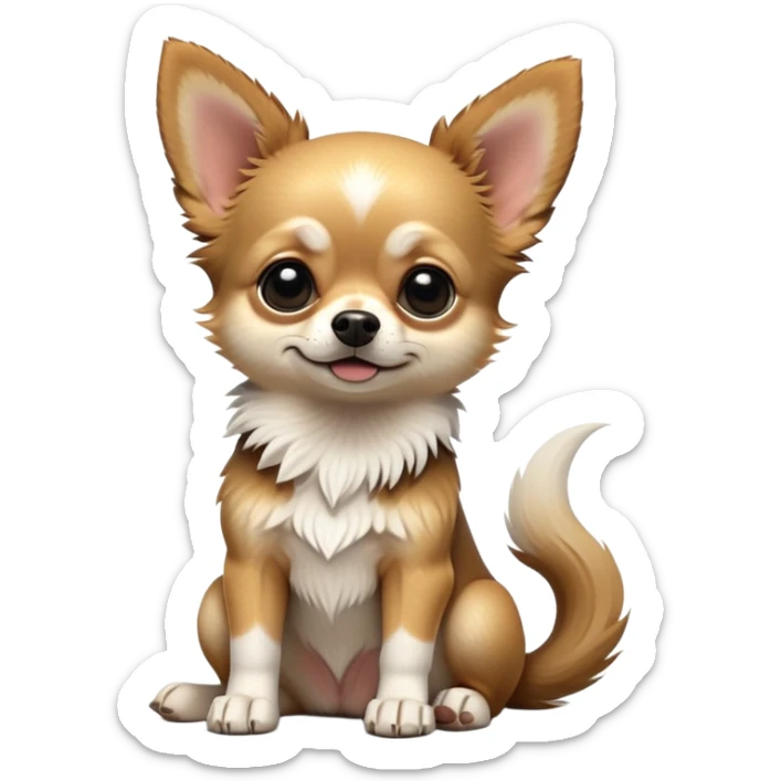 cinematic-[chihuahua dog]-realistic-full-body-sitting-emoji,-tail-resting-loosely-beside-its-paws,-head-tilted-dramatically,-scruffy-[black and tan and white]-fur,-simplified-yet-realistic-focused-features,-highly-detailed,-glowing-with-an-almost-sarcastic-glow sticker
