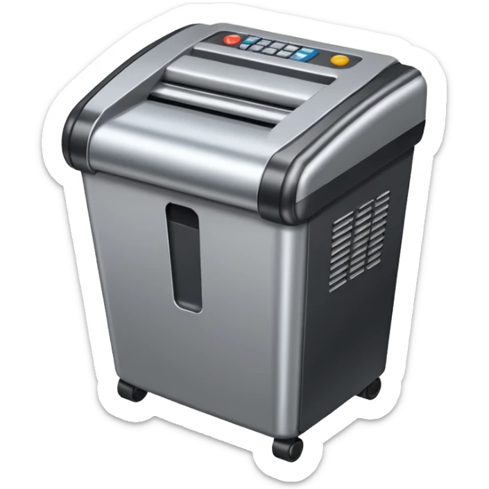 Crea un emoji de una maquina que sea un molino picador de plastico. Debe tener un agujero en la parte de arriba y abajo un hueco por donde saldra el plastico molido sticker