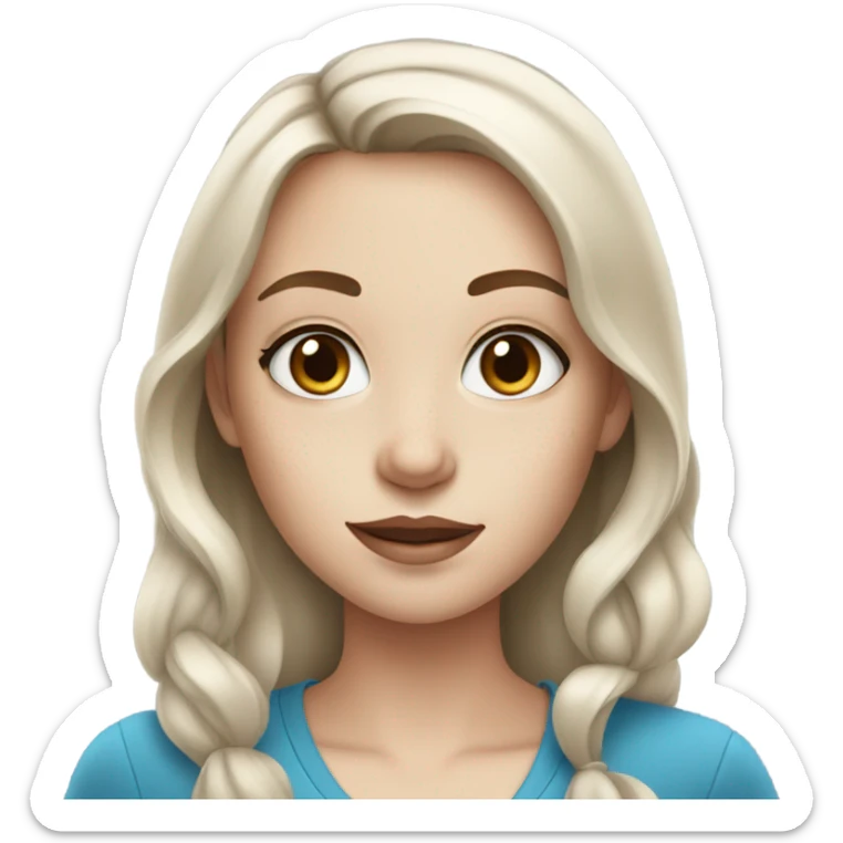 Girl doing her makeup steps on white skin while having Brown hair and blue eyes and freackles sticker