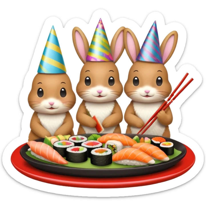 four bunnies together eating sushi at a birthday party, all four bunnies clearly visible, vibrant, sushi platters, birthday banner, party hats, festive, different poses, emoji style sticker