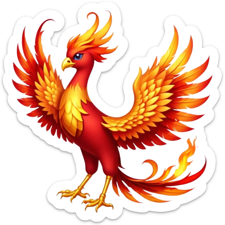 Cinematic Noble Mystical Fire Phoenix Portrait Emoji, Poised and resplendent, with a radiant, fiery plumage in brilliant hues of scarlet, gold, and ember, featuring elongated, elegant tail feathers that flow like molten lava, and piercing, wise eyes reflecting the eternal cycle of rebirth; rendered with lifelike texture and luminous natural highlights, high shine, majestic and awe-inspiring, styled with an aura of mythic resurgence, focused and regal, soft glowing outline, capturing the essence of a legendary phoenix rising from the flames with timeless grace! sticker