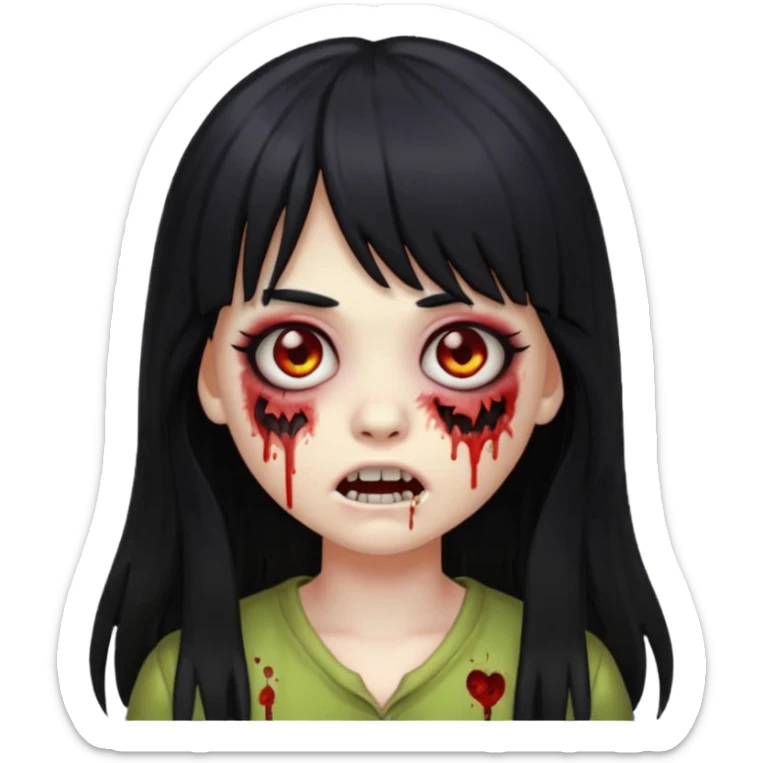 faça o emoji de uma menina zumbi de cabelos longos pretos com franja sticker