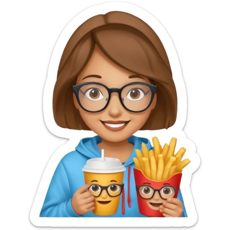 Woman with Glasses & Fries – cheerful woman in hoodie, holding paper cup of fries.





































 sticker