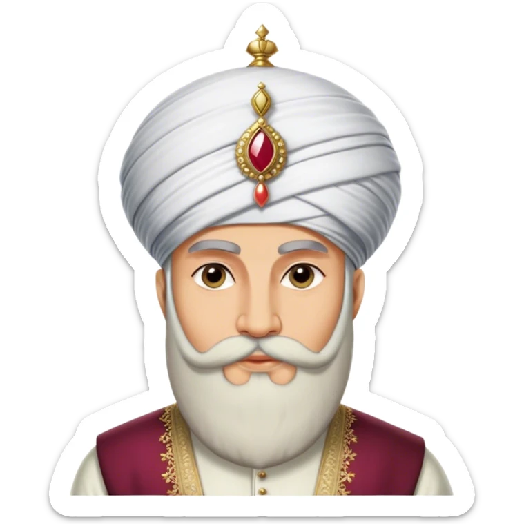 ​Cinematic Realistic Portrait of Suleiman the Magnificent, depicted as a regal Ottoman sultan adorned with a large, white, round, tall turban and a majesti beard, his commanding gaze bathed in warm, historic lighting that exudes timeless authority and grandeur, sticker