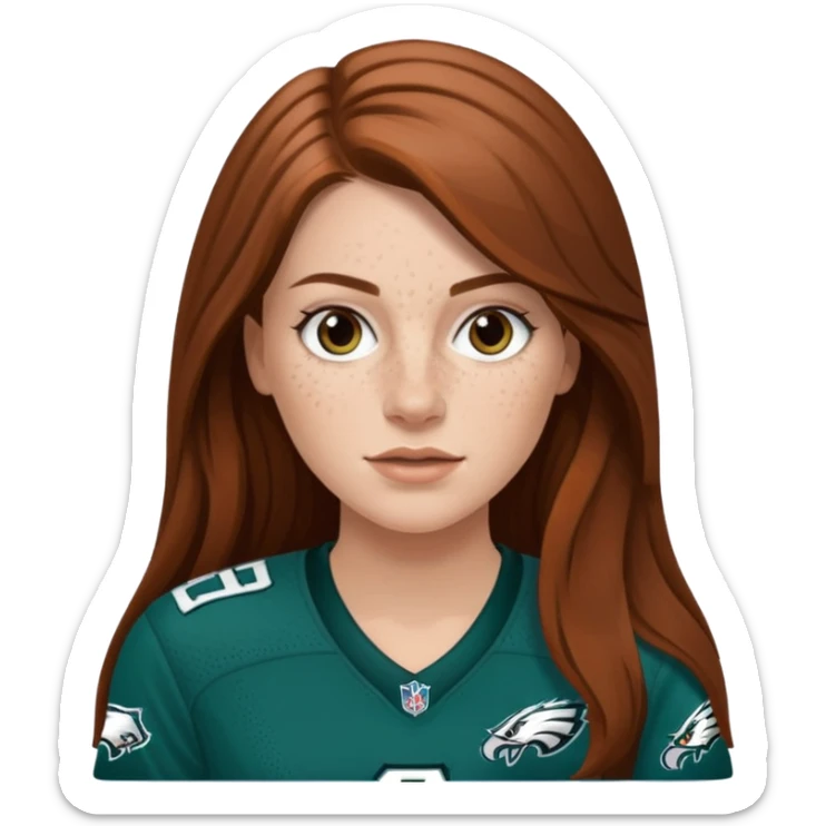 White girl with long medium brown hair and freckles wearring a Philadelphia eagles jersey sticker