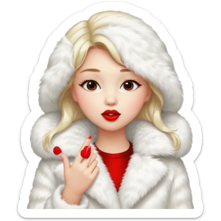 A beautiful, cute girl with red lipstick on her lips in a white fur coat,  in full view, blowing a kiss. sticker