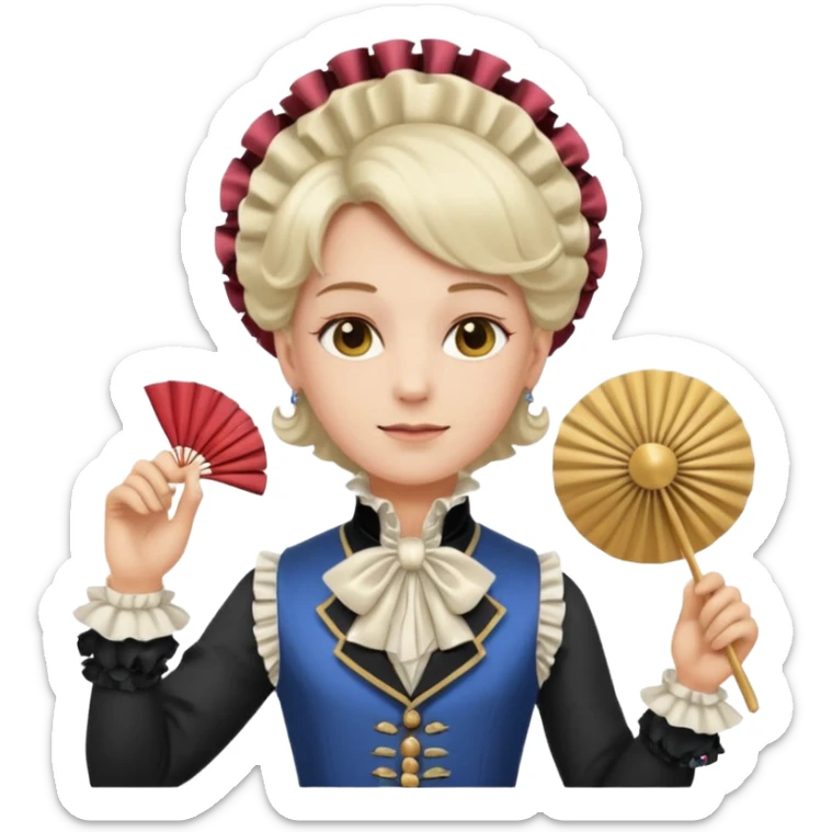 An emoji portrait of a French aristocrat. He wears a powdered wig and a silk waistcoat with a ruffled jabot. His expression is poised and refined, and he holds a fan. sticker