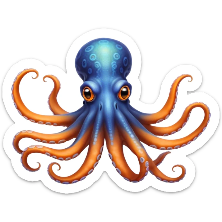 Cinematic Realistic Noble Octopus Portrait Emoji, Poised and majestic, with a sinuous, flowing body in vivid orange accented by intricately detailed blue rings, and intelligent, penetrating eyes that reflect ancient ocean lore; rendered with lifelike texture and natural iridescence, high shine, intelligent and formidable, styled with an aura of mystical marine power, focused and attentive, soft glowing outline, capturing the essence of a watchful and confident octopus that appears ready to glide out of the screen with timeless authority! sticker