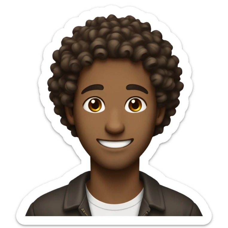 a guy with curly hair and brown eyes that smiles taking the thongue out sticker