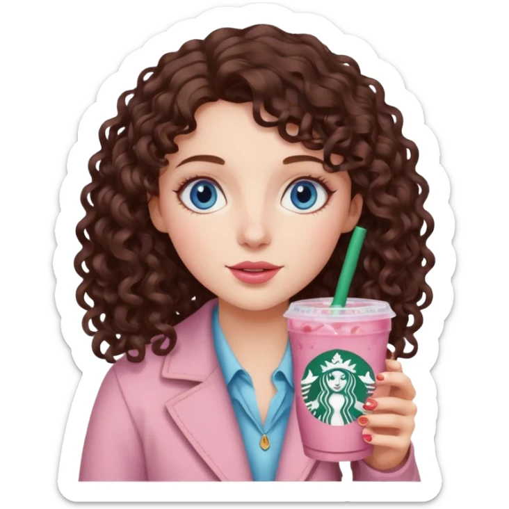 make an emoji of a loose curly brunette, blue-eye girl, wearing light pink drinking a strawberry acai refresher from starbucks sticker