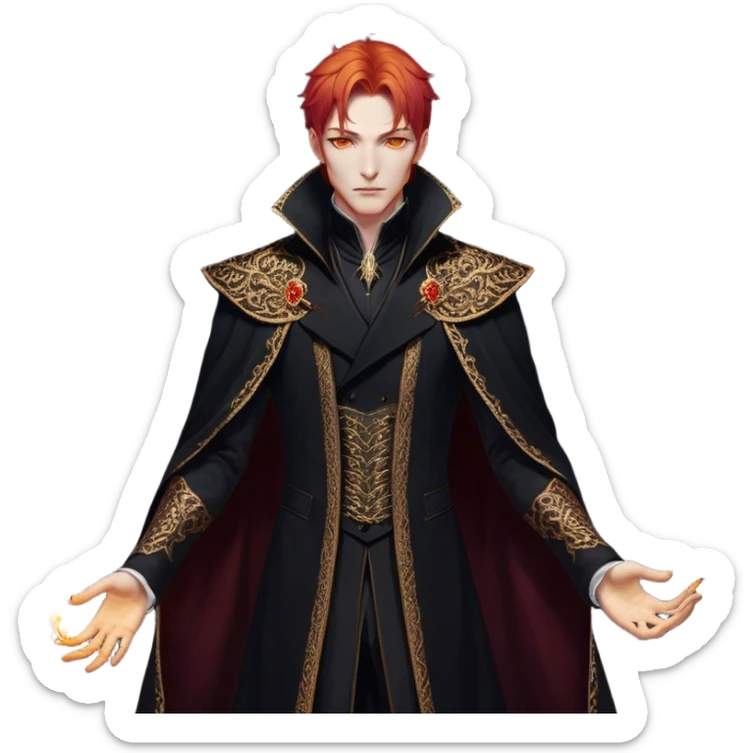 A tall and strikingly elegant High Fae male with fiery red hair, his golden eyes gleaming with cunning intelligence. He wears a luxurious black coat trimmed with copper embroidery, the fabric lined with fine gold stitching. His posture is relaxed yet calculated, his expression unreadable—except for the ghost of an arrogant smirk playing at his lips sticker