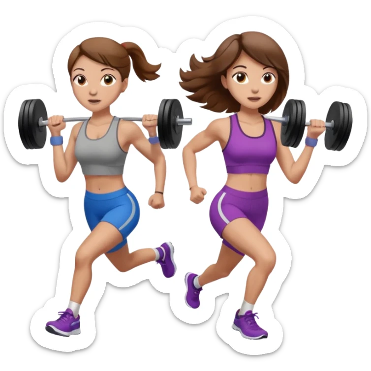 two women. only one is running. the other is only lifting weights. brown hair, light skin, hazel eyes. sticker