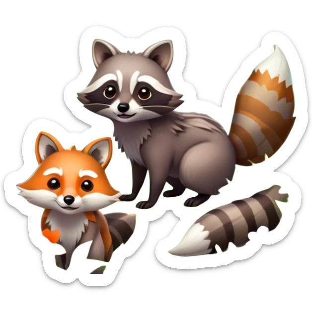 raccoon and a fox among a colorful forest with vibrant green trees, bushes and flowers. The animals are in the foreground, surrounded by a lush, bright forest, with soft sunlight filtering through the leaves. A playful photo-realistic and wild scene with a transparent background. sticker