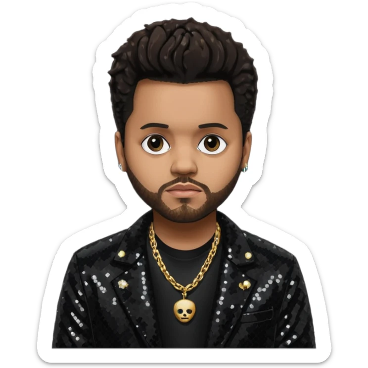 The Weeknd with black sequin jacket, black shirt with necklace, dark brown hair sticker