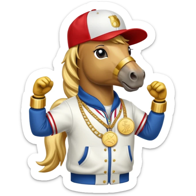 anthropomorphised horse dressed like a member of RUN DMC, hip-hop outfit, gold medal, baseball hat sticker