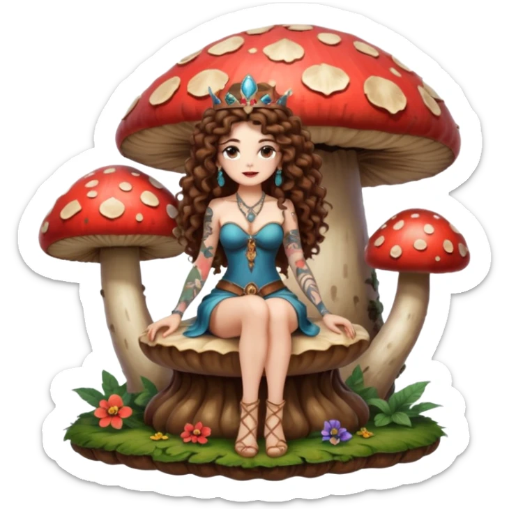 full body view of a woman with long curly brown hair, brown eyes, white skin, tattoos, sitting on a giant mushroom throne, legs crossed, mystical queen vibe sticker
