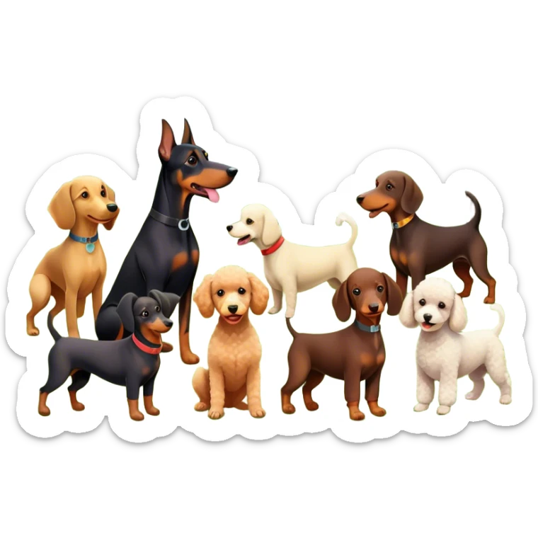 Collage of dogs breeds like Doberman, Poodle, Dachshund, in a park with trees and grass. A joyful, colorful scene with playful expressions. Transparent background. sticker