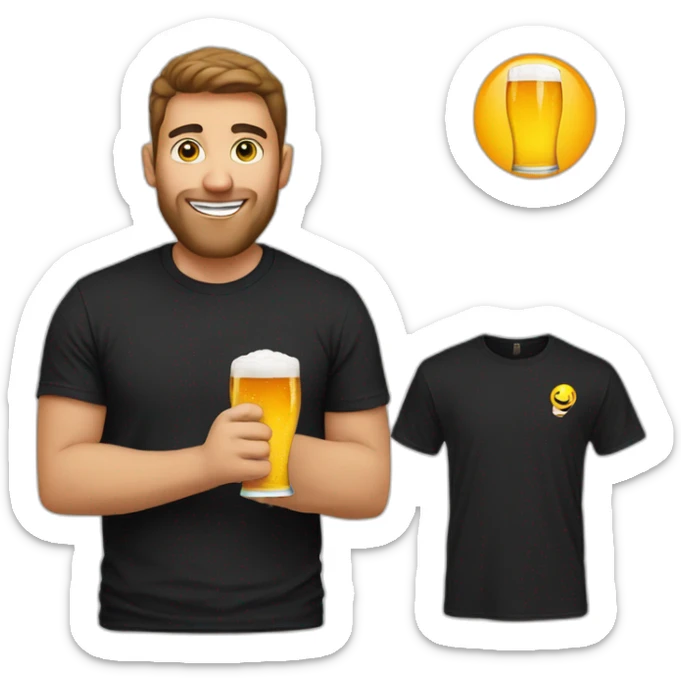 Man with a black T-shirt holding a glass of beer. On the T-shirt is a BBS logo sticker