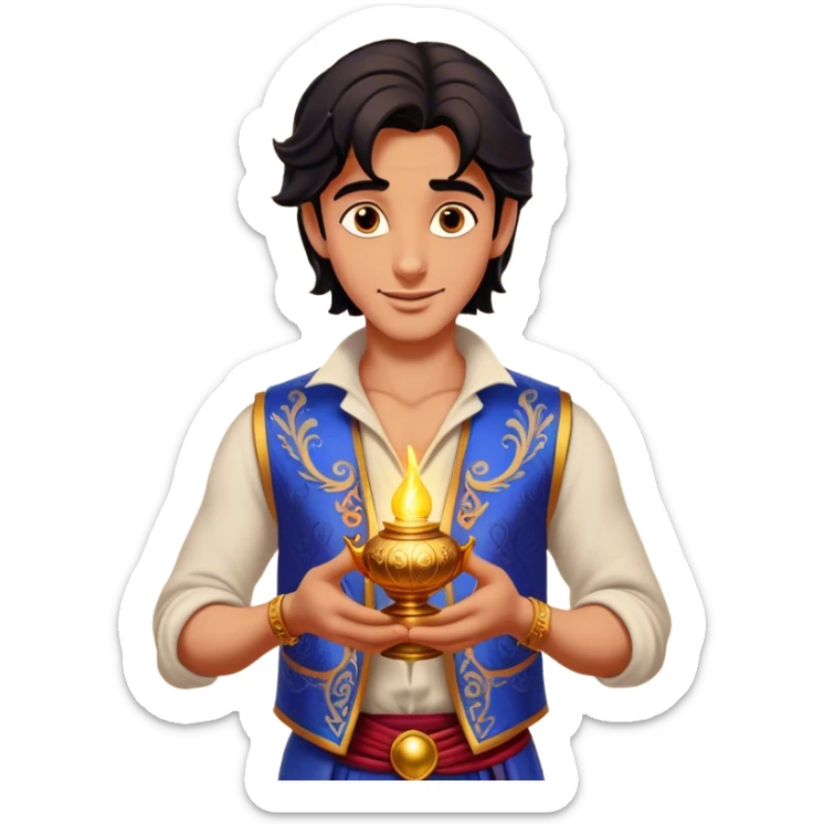Cinematic Realistic Aladdin Portrait, depicted with lifelike, warm skin textures and a confident yet approachable gaze. His dark, wind-tousled hair frames expressive eyes full of adventure and kindness. Dressed in his iconic vest and loose trousers with intricate detailing, he holds a subtle glimmer of a magic lamp, all rendered under soft natural lighting with a radiant glow that captures his resourceful spirit. sticker