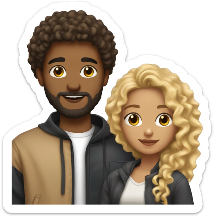 light brown skin girl with long curly brown and blonde curly hair and her boyfriend with black beard and light skin sticker