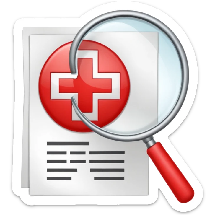 Emoji-style illustration of a paper with a magnifying glass showing a red cross, symbolizing verification failure or fake paperwork. Cute, professional, informative design sticker