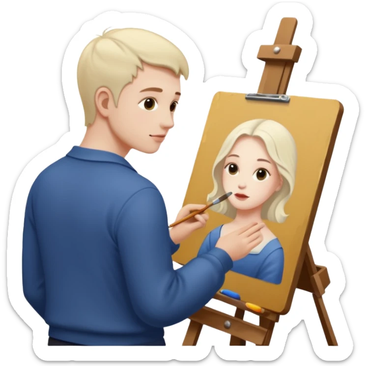 the white artist stands with his back to the painting, painting a portrait sticker