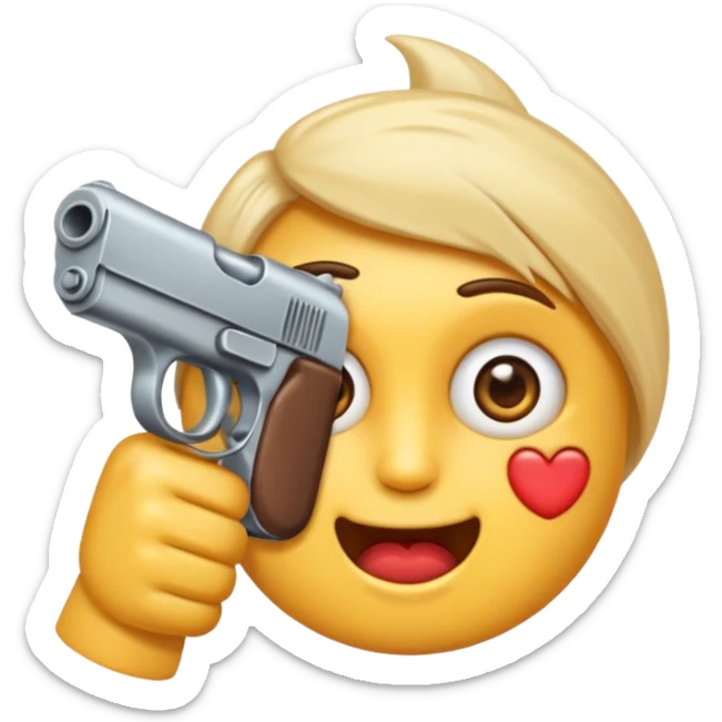 Un emoji normal que se muerde el labio, tiene los ojos cerrados y se apunta al brazo con la mano en forma de pistola sticker