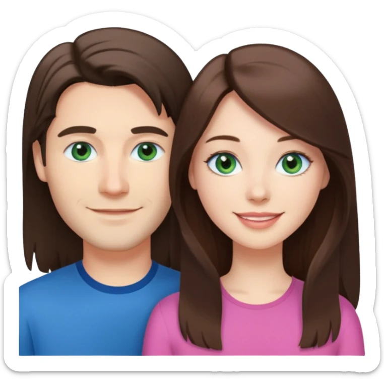 “A pink Polaroid-style photo of a couple: a white woman with long brunette hair and blue eyes, and a white man with short brunette hair and green eyes.” sticker