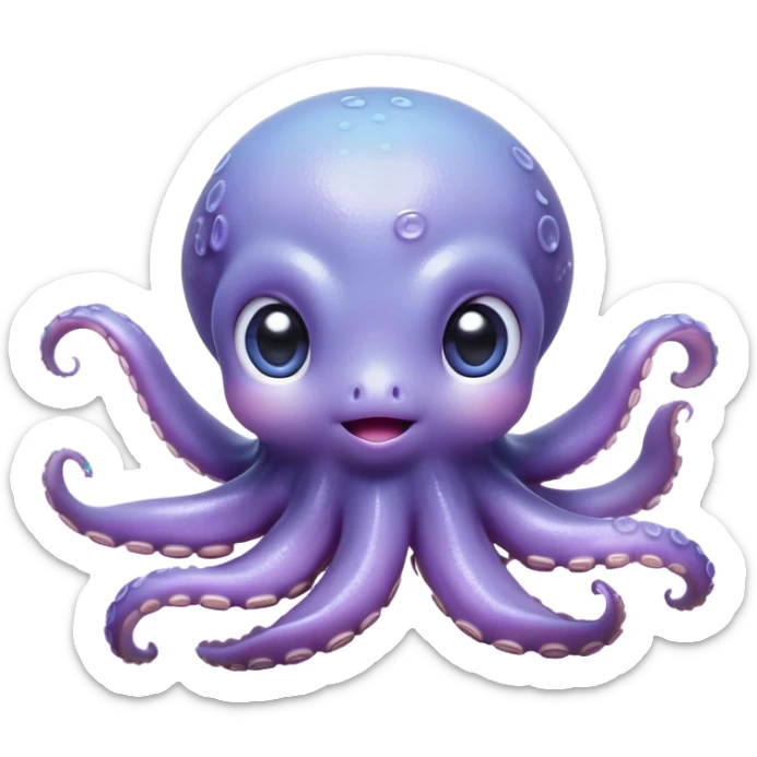 Cinematic Cute Baby Octopus Portrait Emoji, Head tilted slightly in a curious and endearing way, featuring a smooth, rounded light blue-purple body with enormous, sparkling eyes filled with warmth and innocence, delicate tentacles curling playfully, Simplified yet irresistibly adorable features, highly detailed, glowing with a soft, dreamy marine glow, high shine, affectionate and gentle, stylized with a touch of whimsical deep-sea charm, soft glowing outline, capturing the essence of a tiny, inquisitive octopus that looks ready to gently drift into your heart! sticker