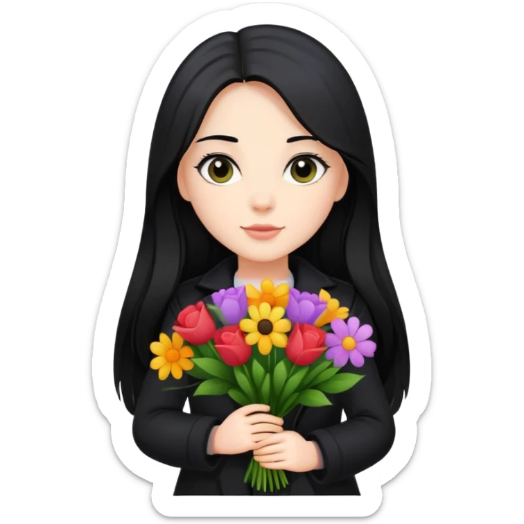 beautiful girl with long black hair wearing a black coat holding a bouquet of flowers sticker