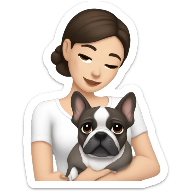 Brunette and brown eyes woman hugging grey French bulldog sticker