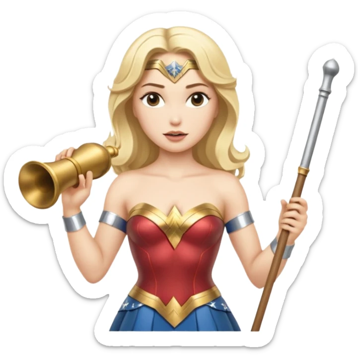 Blonde Wonder Woman holding white orchestra conductor’s baton and bell sticker