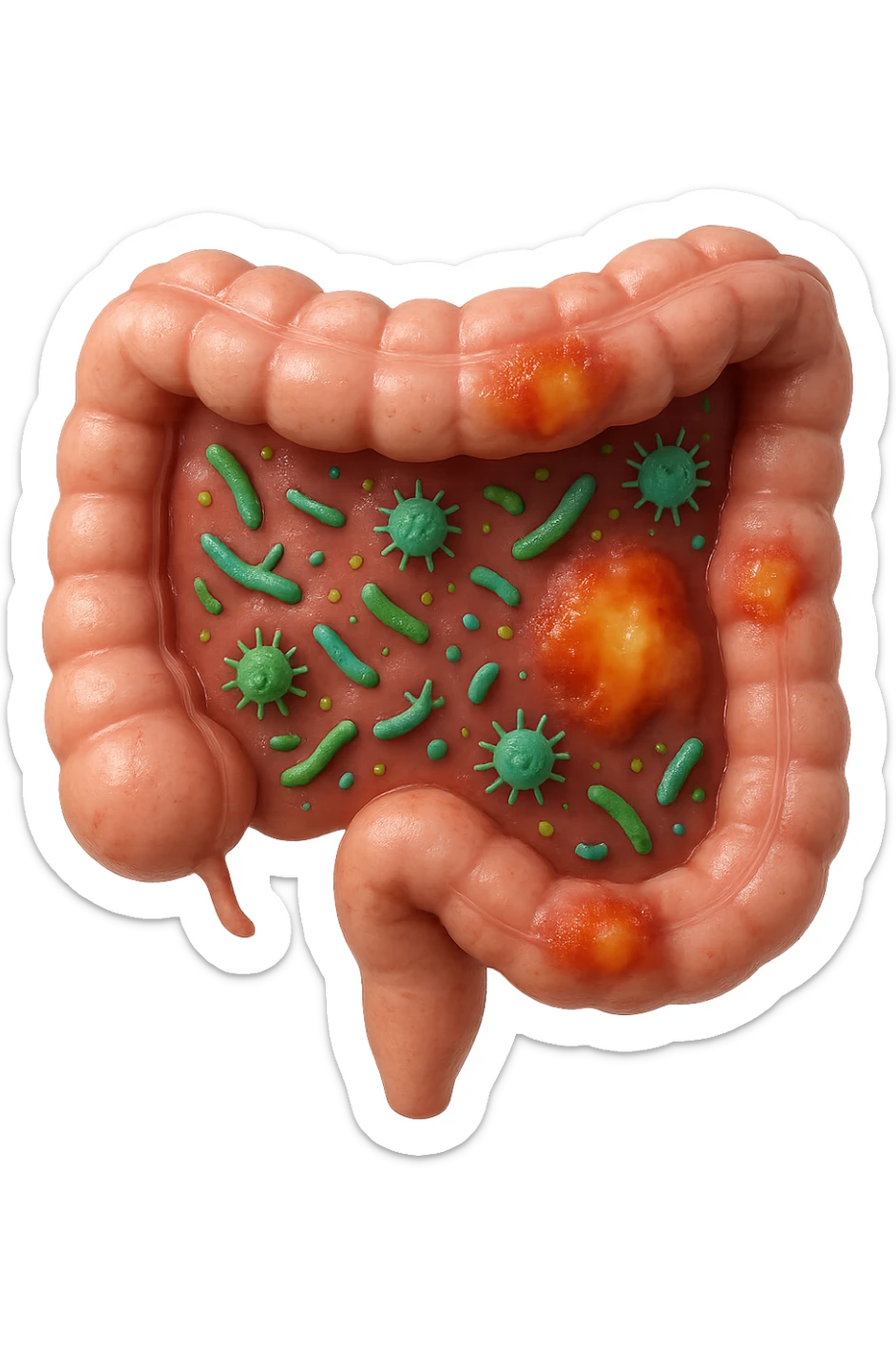 emoji stile iphone in 3d di intestino realistico con infezione e batteri dentro, iperrealistico 4k sticker