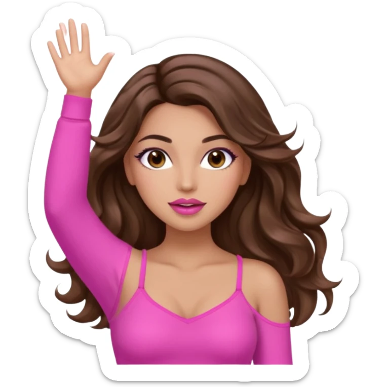 girl with long wavy brown hair, brown eyes, long lashes makeup, sexy pink lips, light to medium complexion, wearing a pink sexy top, both hands in the air high sticker