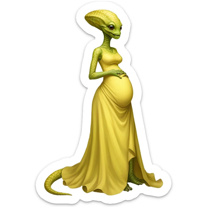 Pregnant reptilian alien woman, full body, in victorian jellow elegant dress, sticker