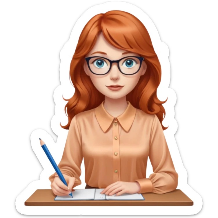 redheaded woman with very long wavy hair and bangs, blue eyes, clear cat-eye glasses, apricot silk blouse, pencil skirt, holding a pencil sticker