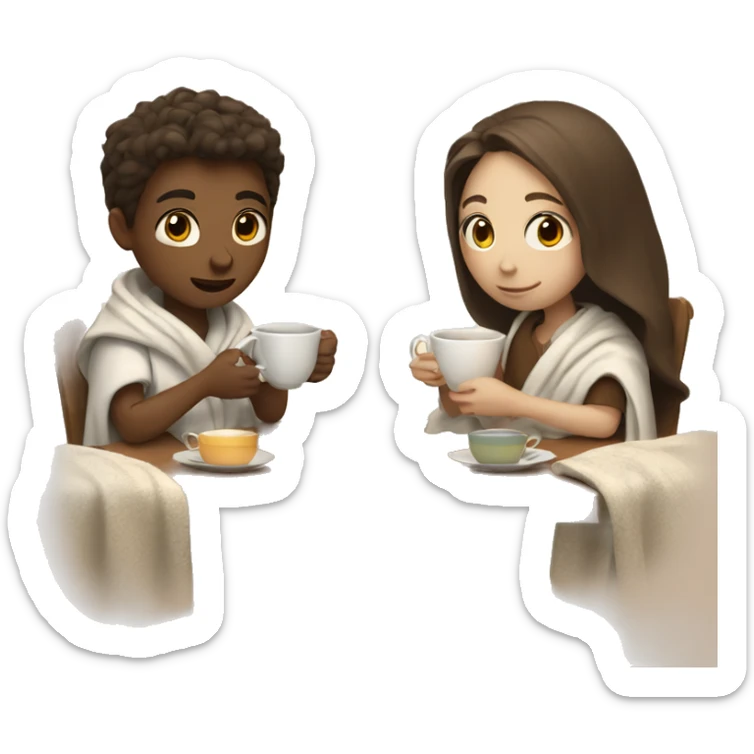 a boy and a girl with brown hair and white skin covered in a blanket are drinking tea sticker