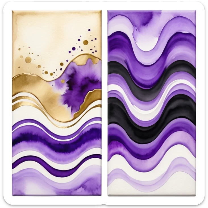 Black, white, gold, purple, abstract Watercolor paintings on three canvases next to each other  sticker