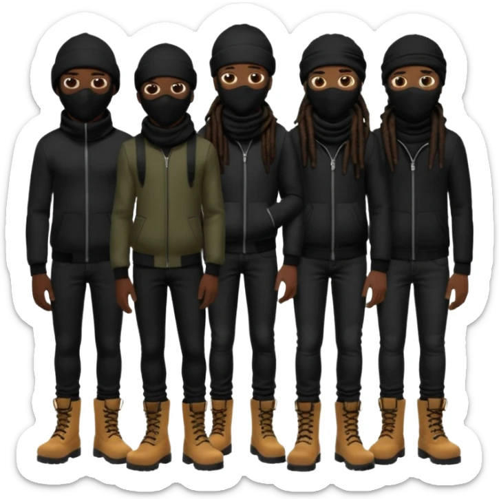 Group of African American men with dreadlocks wearing black ski masks covering their face wearing black skinny jeans and black timberland boots sticker