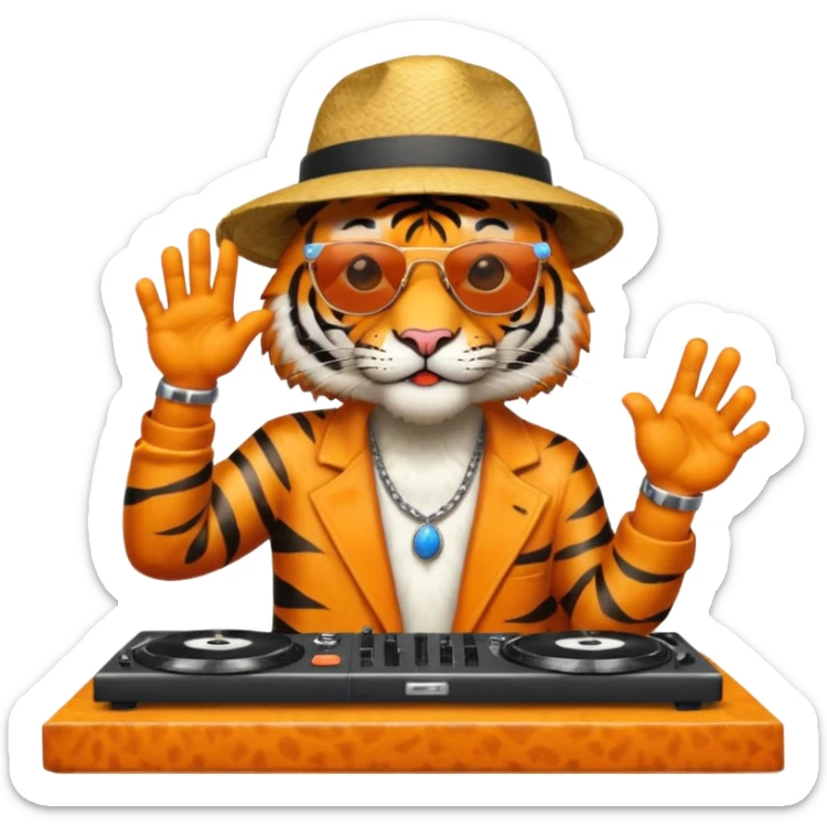 Un tigre con sombrero estilo cubano, una mesa de dj y gafas de sol. Una mano en la mesa de dj y la otra mano señalando al cielo a Dios sticker