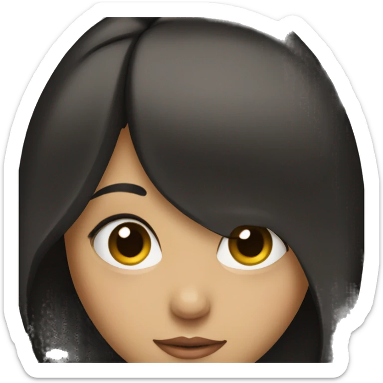 A girl, she has medium straight black hair, her eyes are the color of honey sticker