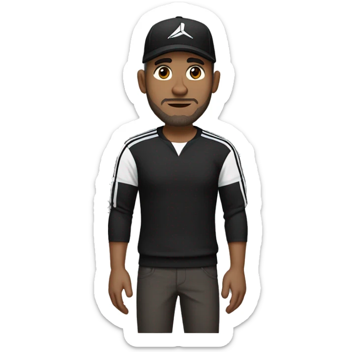 An adult pale male with stubble and a slightly gray beard, brown hair, black eyes, wearing a black Reebok cap with a round emblem on his head, and a black sweater with three white stripes on the sleeves underneath. sticker